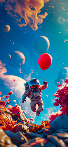 Astronaut floating joyfully with a red balloon on an alien planet, surrounded by vibrant extraterrestrial flora and floating celestial bodies against a bright blue sky.