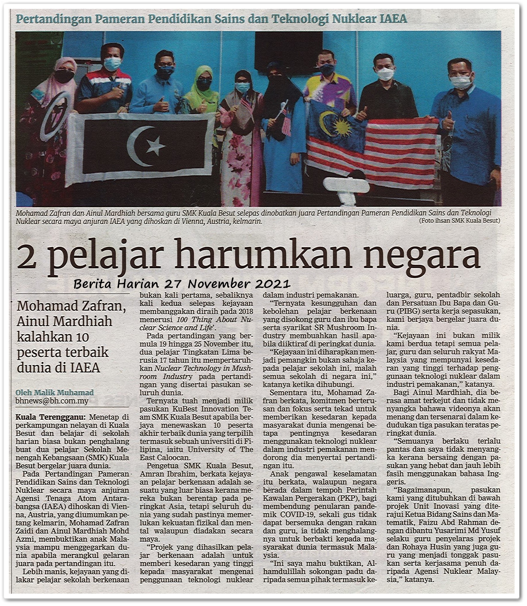 2 pelajar harumkan negara - Keratan akhbar Berita Harian 27 November 2021