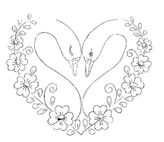 desenho de casal de cisnes em forma de coração com flores