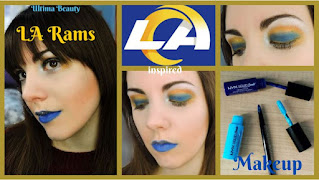 Collage of 5 Pictures. Text Reads: "Ultima Beauty LA Rams inspired Makeup". Picture 1: Ultima Beauty wearing LA Rams colored makeup with opened eyes; Picture 2: LA Rams logo; Picture 3: Close of Ultima Beauty's closed eyes wearing LA Rams colored makeup; Picture 4: Ultima Beauty wearing LA Rams colored makeup, closed eyes; Picture 5: Dark blue and sky blue liquid lipstick tubes opened with a makeup brush