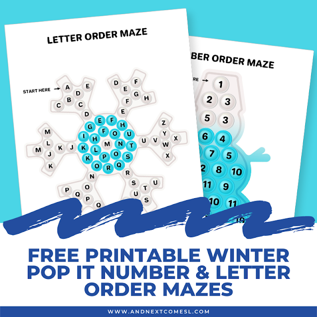 Free printable winter pop it number order & letter order mazes for kids