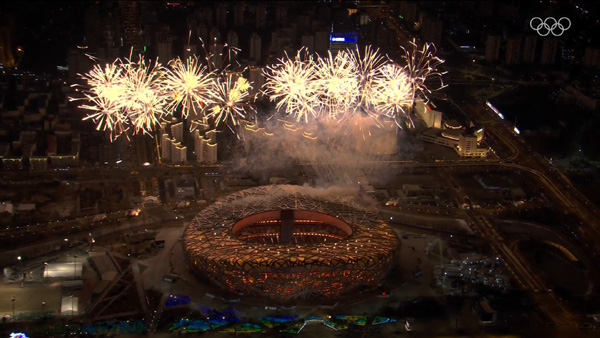 Fireworks erupt above China's Beijing National Stadium during the Olympic opening ceremony on February 4, 2022.