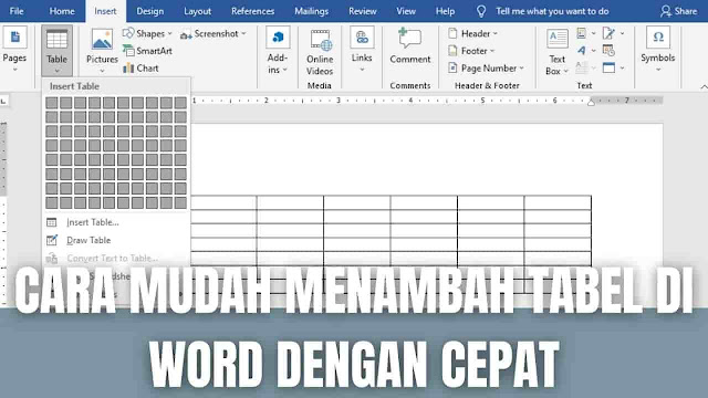 Cara Mudah Menambah Tabel Di Word Dengan Cepat Di dalam menambah tabel di word ada beberapa langkah yang bisa di ikuti yang diantaranya adalah :  Cara Membuat Tabel Baru Di Word Untuk membuat atau menambah tabel di halaman word silahkan ikuti langkah ini :  Pada word silahkan pilih Insert ada di atas halaman Setelah itu pilih Table Selanjutnya arahkan kursor ke menu kotak yang ditampilkan untuk membuat baris dan kolom tabel yang dinginkan, lalu klik pada kotak yang sudah dipilih Serta bisa juga menggunakan Insert Table dan Draw Table, sesuaikan saja dengan kebutuhan Jika sudah maka tabel akan muncul di halaman word Selesai    Cara Menambah Kolom Tabel Di Word Untuk menambahkan kolom tabel di bagian tengah atau pinggir silahkan ikuti langkah ini :  Pada halaman word arahkan kursor ke pojok kanan paling atas dari tabel Serta bisa juga mengarahkan kursor ke pojok kanan paling atas setiap kolom, apabila jika ingin menambahkan kolom dibagian tengah atau yang dinginkan Setelah itu akan muncul tanda atau ikon + berwarna biru di dalam lingkaran Silahkan klik pada tanda + berwarna biru tersebut Maka secara otomatis kolom tabel bertambah Selesai    Cara Menambah Baris Tabel Di Word Untuk menambahkan baris tabel di bagian tengah atau akhir silahkan ikuti langkah ini :  Pada halaman word arahkan kursor ke pojok kiri paling bawah dari tabel Serta bisa juga mengarahkan kursor ke pojok kiri paling bawah setiap baris, apabila jika ingin menambahkan baris dibagian tengah atau yang dinginkan Setelah itu akan muncul tanda atau ikon + berwarna biru di dalam lingkaran Silahkan klik pada tanda + berwarna biru tersebut Maka secara otomatis kolom tabel bertambah Selesai    Nah itu dia bagaimana cara menambah tabel di word dengan cepat dan sangat mudah, melalui bahasan di atas bisa diketahui langkah-langkah membuat tabel di microsoft word serta menambah baris dan kolom pada tabel. Mungkin hanya itu yang bisa disampaikan di dalam artikel ini, mohon maaf bila terjadi kesalahan di dalam penulisan, dan terimakasih banyak telah membaca artikel ini."God Bless and Protect Us"