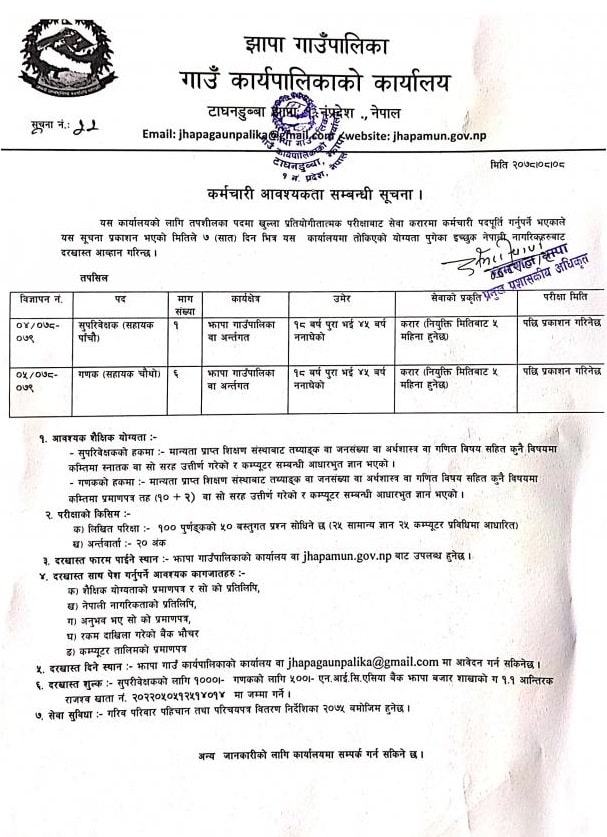 Jhapa Rural Municipality Vacancy for Supervisor and Ganak