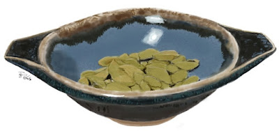 Colour digital drawing depicting a broad, shallow bowl with the rim stretching out into flat handles on either side. The outside is dark blue, with the occasional lighter blue mottleing, aspecially around the rim and on the tops of the handles. There is a dark brown pattern which dips and wavers inside the upper rim of the bowl, which is a much paler blue than the outside and appears to be very shiny, based on the light reflecting from the glaze. There is an unglazed trim around the top, including the handles, and around the base. Reddish-brown glaze streaks over it in places. Inside the bottom of the bowl is nestled a pile of pale green cardamom pods.