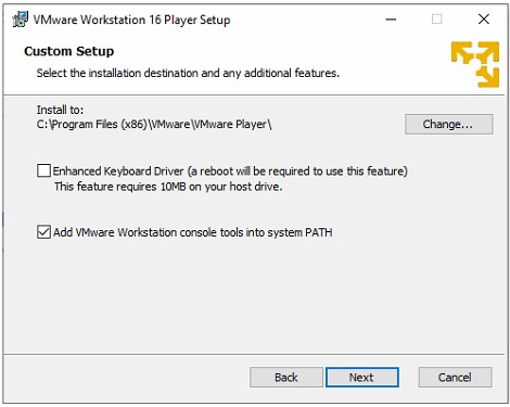 VMware workstation player installation choose path