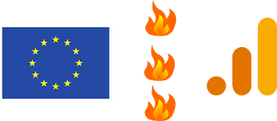 EU vs Google Analytics. EU flag and Google Analytics logo copyright of its respective owners