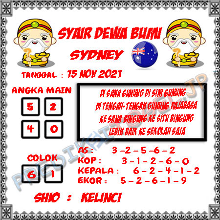 Syair Dewa Bumi Sydney Senin 15 November 2021