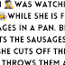 A man was watching his wife while she is frying sausages