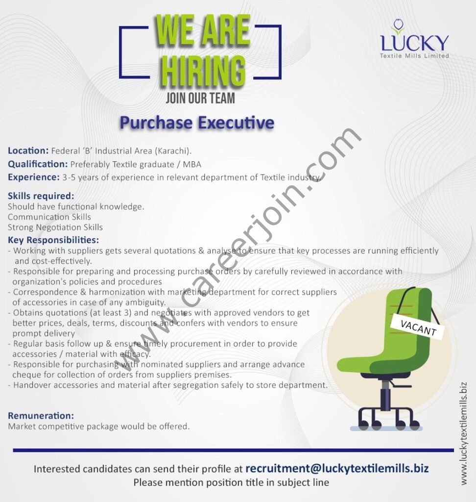 Jobs in Lucky Textile Mills Limited