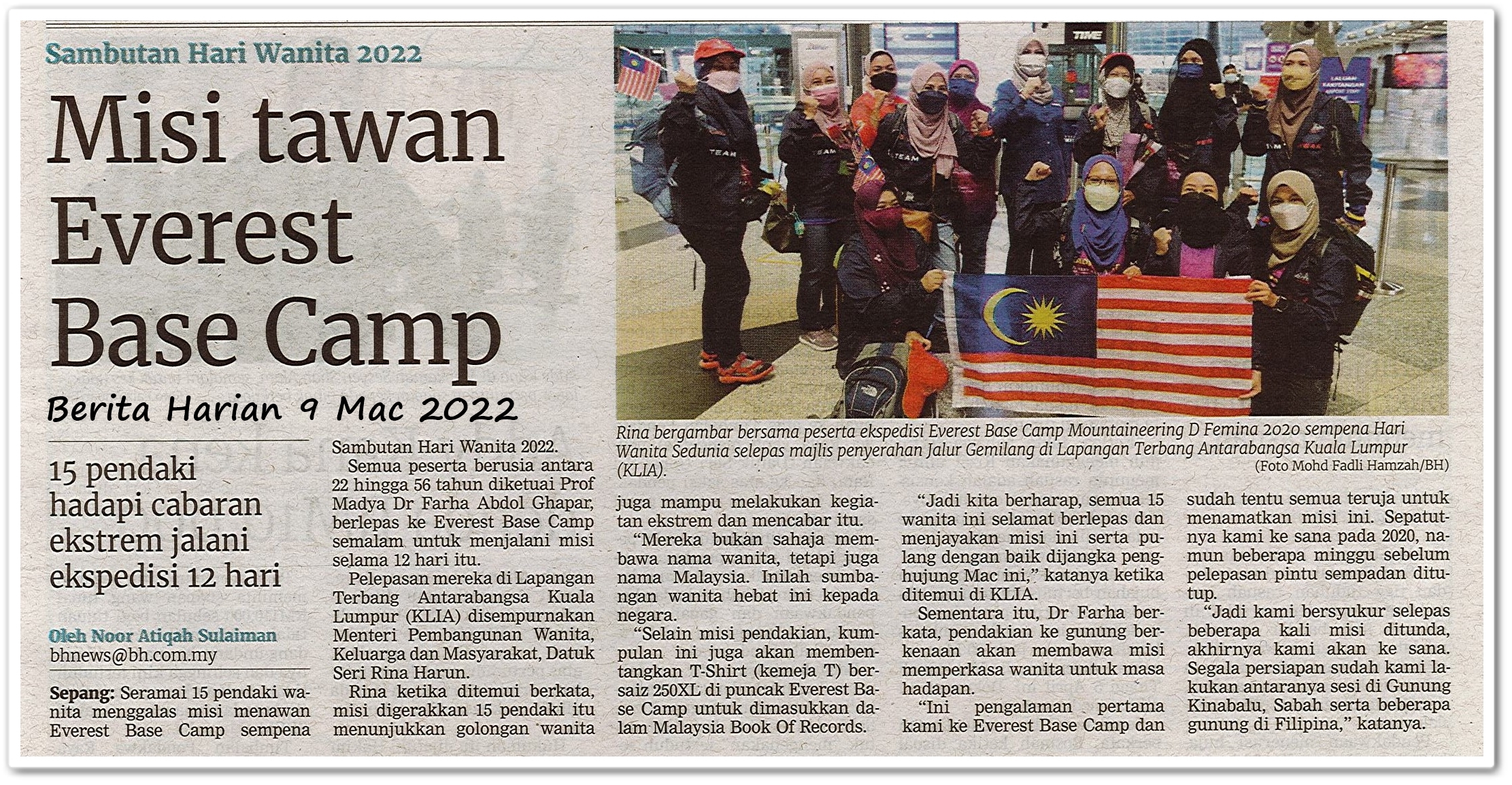 Misi tawan Everest Base Camp - Keratan akhbar Berita Harian 9 Mac 2022