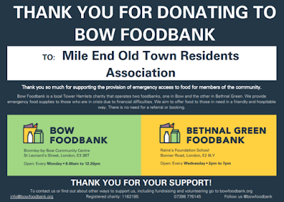 Thank You note from Bow Foodbank for MEOTRA's contribution.