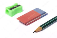 sharpener, eraser and pencil