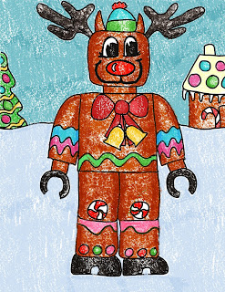 crayon drawing of a lego reindeer in gingerbread