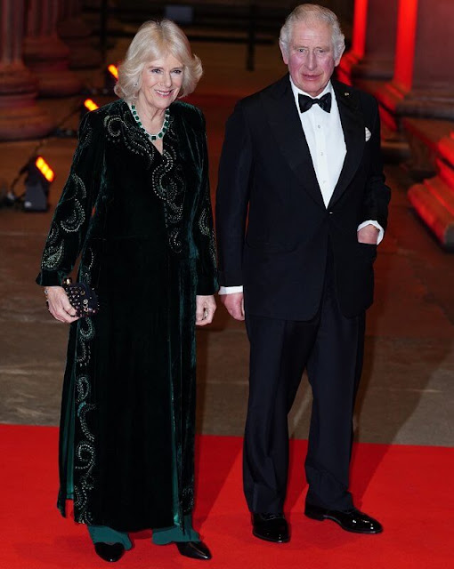 The Duchess of Cornwall wore a green kaftan-style embroidered dress. She wore green trousers and a emerald necklace
