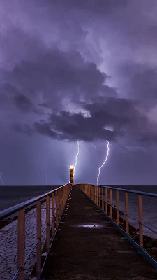 Wallpaper Sea Storm, Pier, Night, Lighthouse