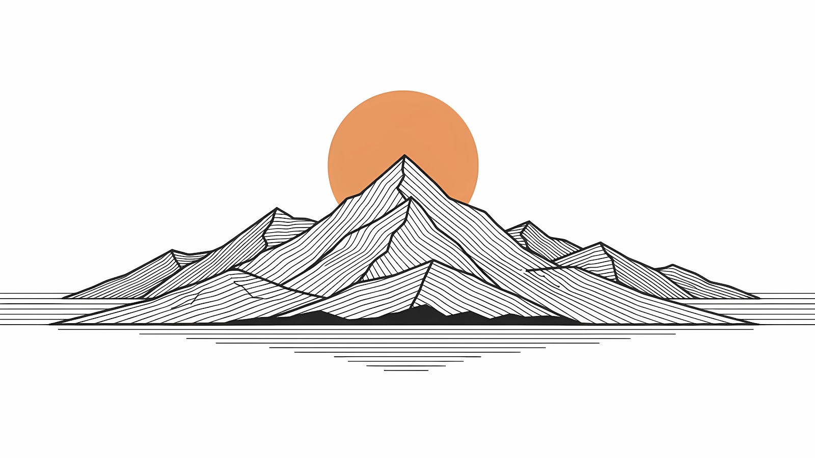 Download 4K minimalist mountain range with sun wallpaper, featuring a simple black and white line art illustration of a mountain range with a solid orange circle representing the sun, set against a white background.