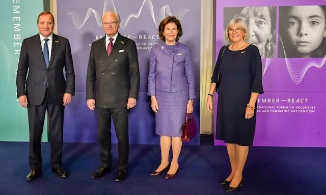 Queen Silvia wore a flavia blazer and skirt by Georg et Arend. Tory Burch Kira wine-red small leather bag