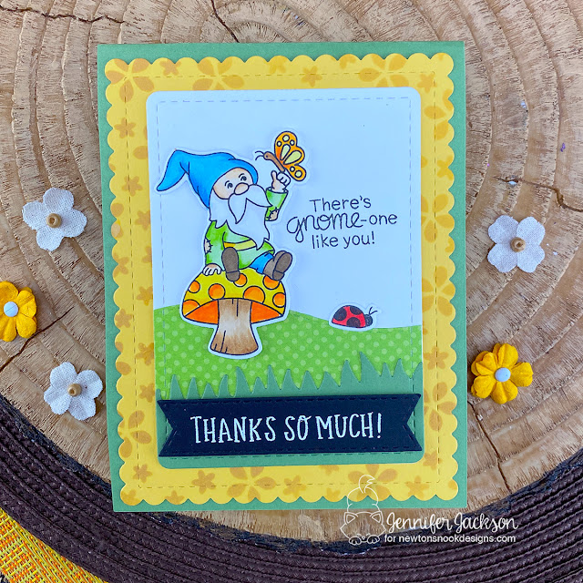 Gnome Thank You Card by Jennifer Jackson | Gnome Garden Stamp Set, Land Borders Die Set, Frames & Flags Die Set, Banner Trio Die Set and Petite Flowers Stencil by Newton's Nook Designs #newtonsnook