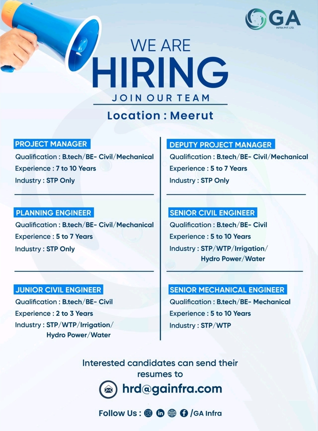 Vacancy Civil / Mechanical EngineerJob Location - Meerut Company - GA Infra