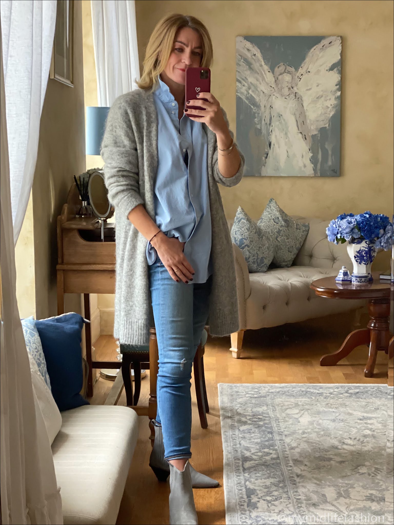 my midlife fashion, acne studios raya cardigan, h and m oversized chambray shirt, j crew 9 inch toothpick jeans, jigsaw western heel ankle boots