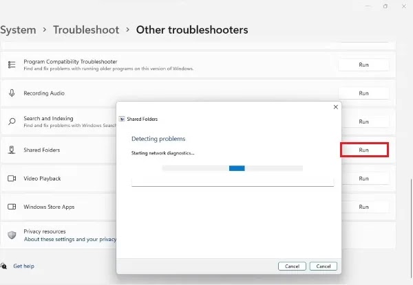 Troubleshooter المجلدات المشتركة في Windows 11