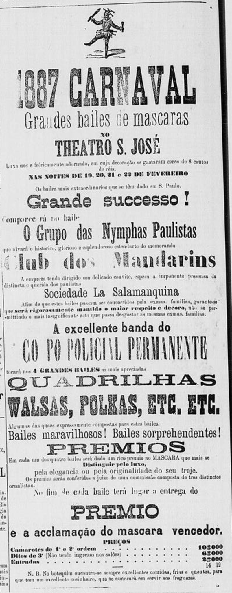 Anúncio veiculado em 1887 promovia um baile de máscaras de carnaval para a sociedade paulistana