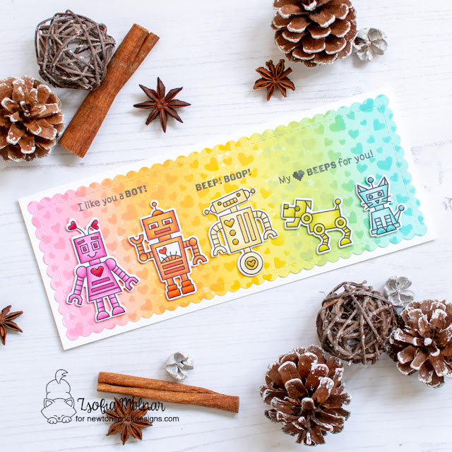I like you a Bot | Robot Card by Zsofia Molnar | Love Bots Stamp Set, Petite Hearts Stencil and Slimline Frames & Portholes Die Set by Newton's Nook Designs