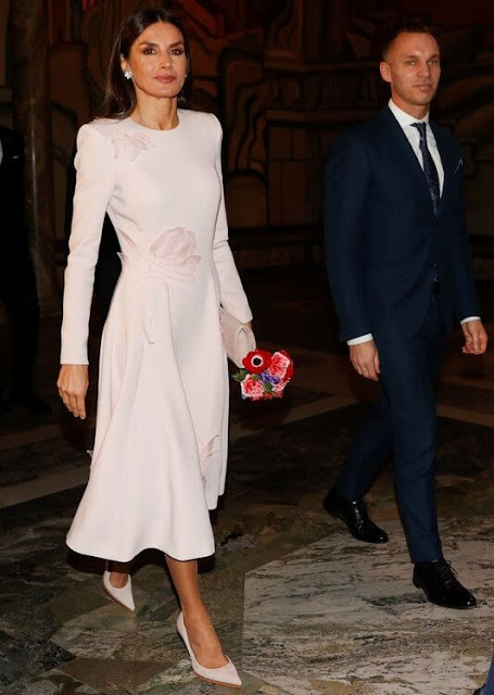 Crown Princess Victoria wore a tweed top and skirt by Baum und Pferdgarten. Letizia in Carolina Herrera pink coat. Sofia in Tiger of Sweden