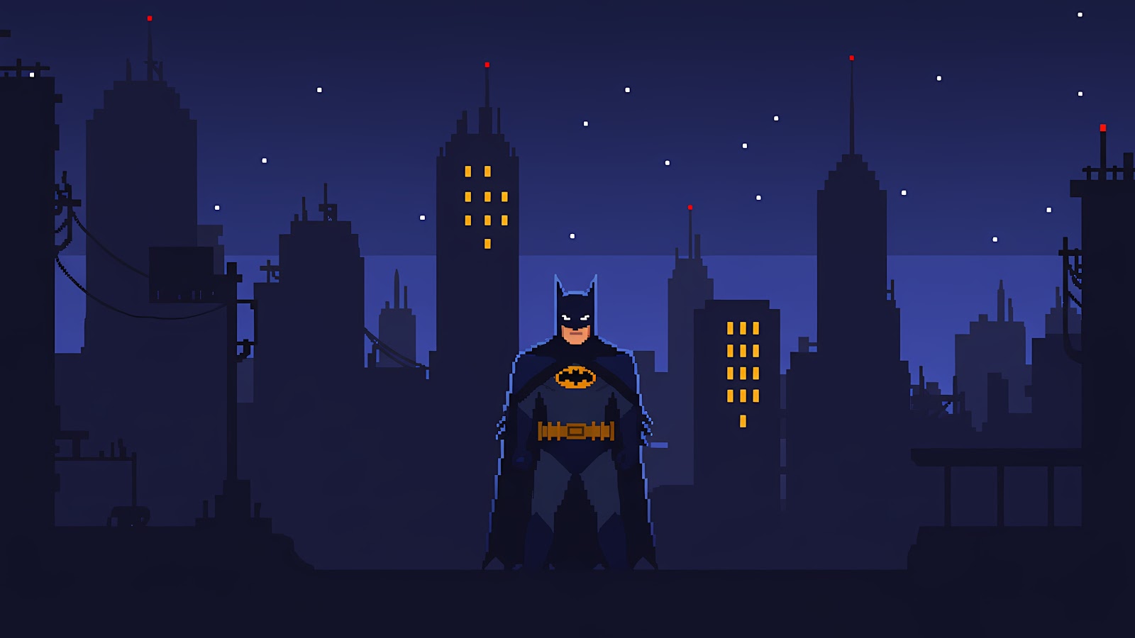 A pixel art illustration of Batman standing in a Gotham City skyline at night, ideal as a cool wallpaper for laptop.