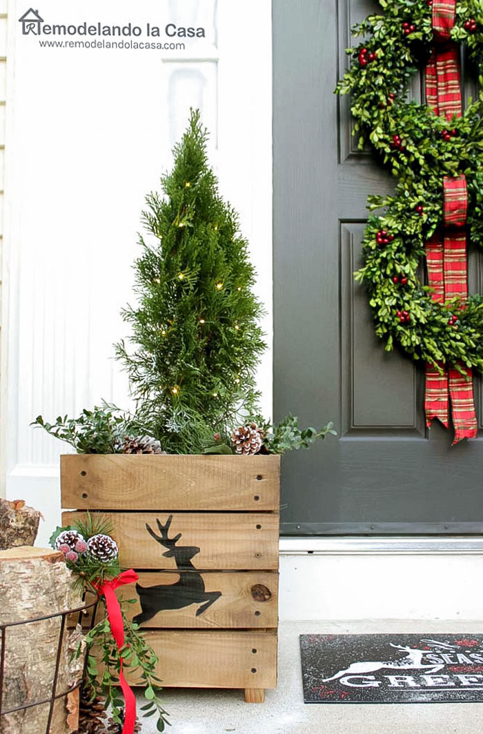 birch logs, black seasons greeting rug, red luminaries