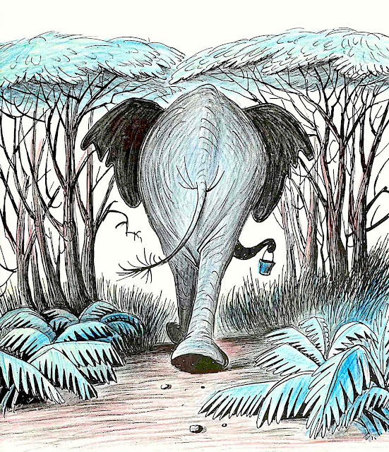 a Bill Peet children's book illustration 1959, an African elephant walking