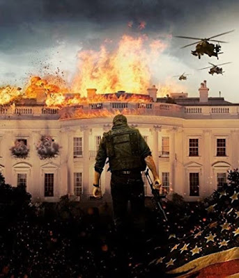 One soldier is pictured with a gun as the white house burns in front of his with a helicopter at the top right and a superimposed american flag at the bottom right corner