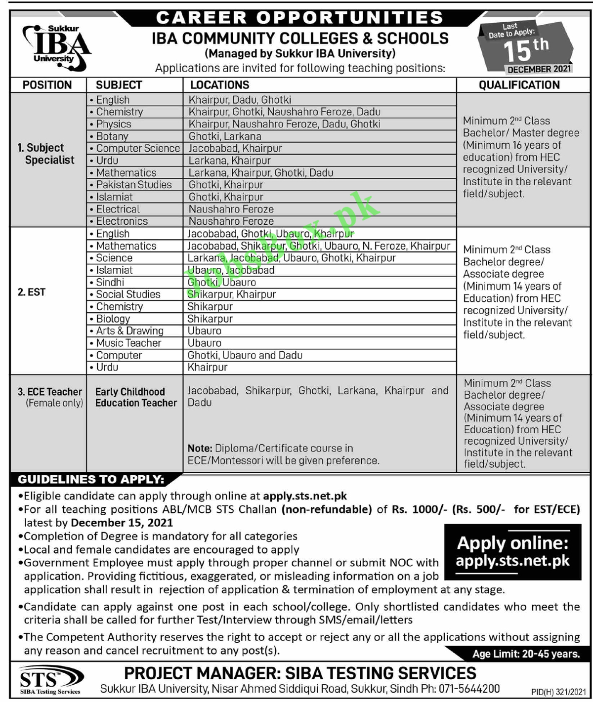 IBA Community Colleges & Schools Jobs 2021 – Teachers Recruitment