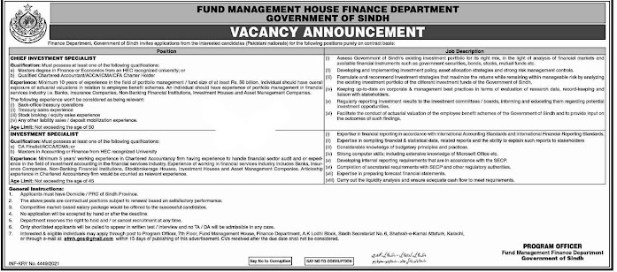 Jobs in Sindh Finance Department in 2021