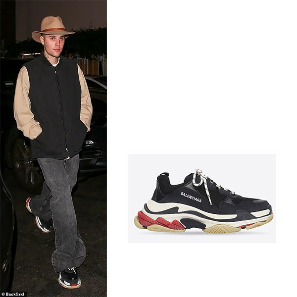 Justin Bieber wearing Balenciaga Mens Triple S Sneaker in Il Pastaio in Beverly Hills on January 20, 2022.