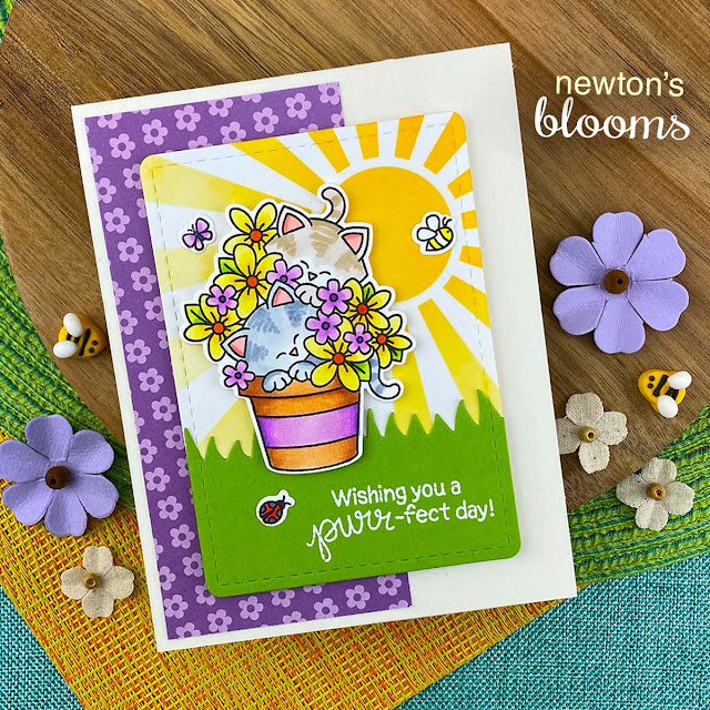 Purr-fect Day Kitty Card by Jennifer Jackson | Newton's Blooms Stamp Set, Sunscape Stencil, Land Borders Die Set and Springtime Paper Pad by Newton's Nook Designs