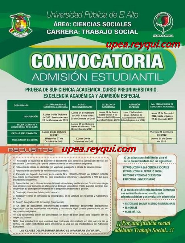 Trabajo Social UPEA 2022: Convocatoria a la Prueba de Suficiencia Académica, Curso Preuniversitario, Excelencia Académica y Admisión Especial