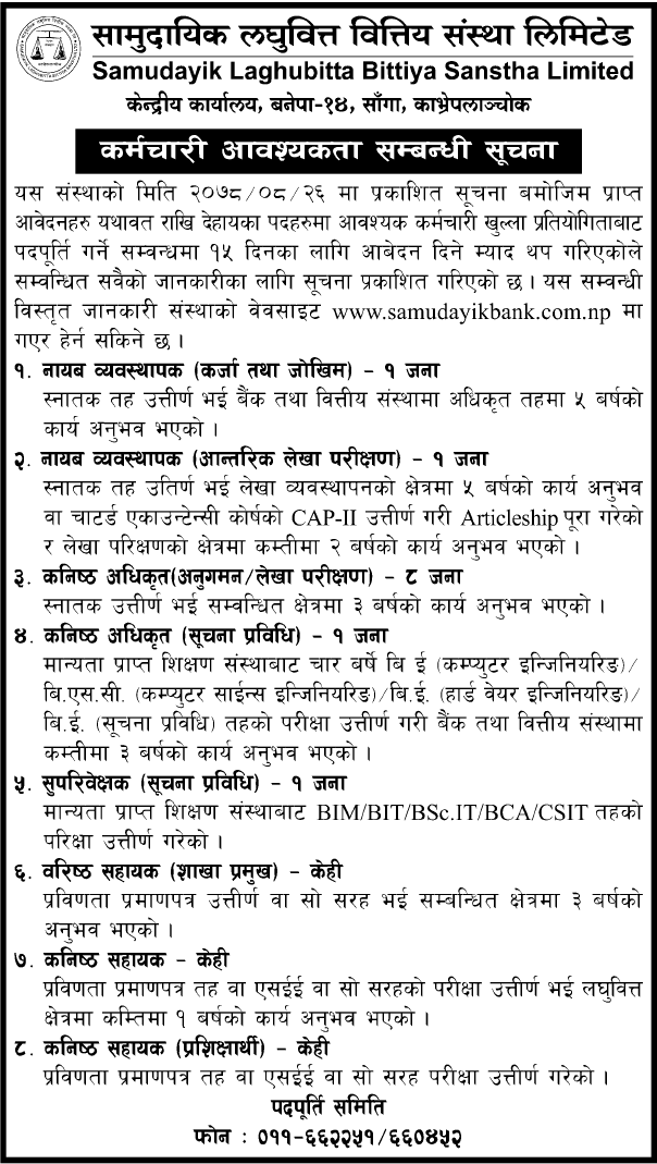 Vacancy from Samudayik Laghubitta for various positions