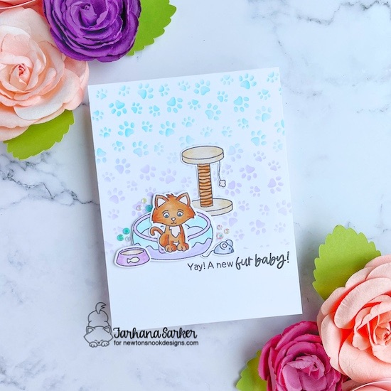 Congratulations on your new Cat Card by Farhana Sarker| Welcome New Cat stamp set and Petite Paw Prints Stencil by Newton's Nook Designs