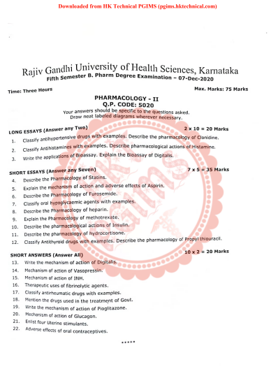 BP503T Pharmacology II RGUHS 5th Semester B.Pharmacy Previous Year's Question Paper,BP503T Pharmacology II,Pharmacology,BPharmacy,BPharm 5th Semester,Previous Year's Question Papers,Rajiv Gandhi University of Health Sciences (RGUHS),