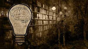 Illustration brain in light bulb books in background