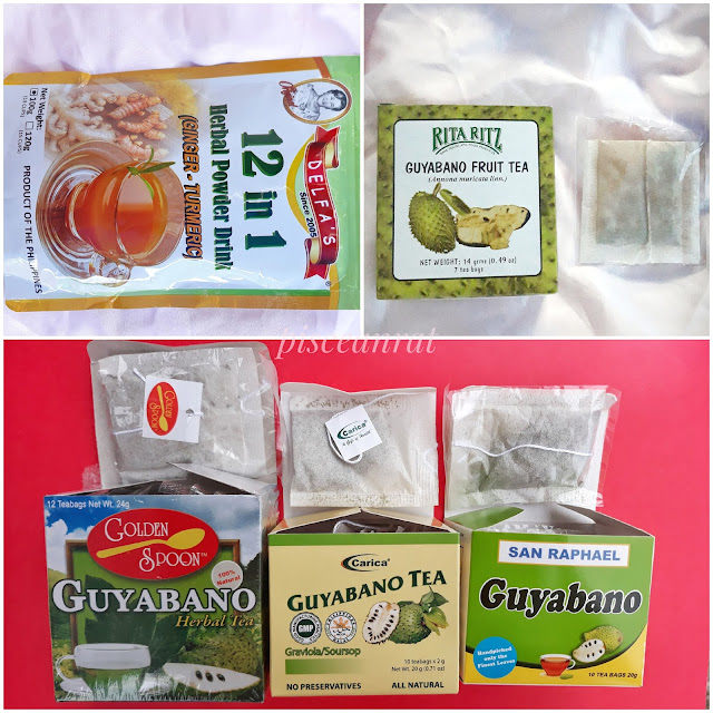 Delfa's 12 in 1 Herbal Powder Drink; Rita Ritz Guyabano Fruit Tea (yum); Golden Spoon Guyabano Herbal Tea; Carica Guyabano Tea (string easily detaches); San Raphael Guyabano.