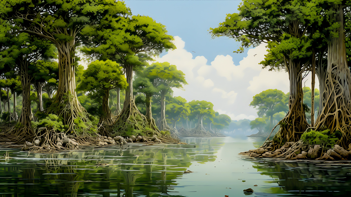 Tranquil river flowing through a dense mangrove forest with towering trees and reflective waters under a soft sky.