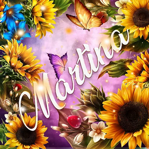 imágen con el nombre marta con fondo de girasoles y mariposas para descargar gratis