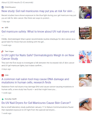 Google search results, with over 52K hits for the search term gel nail cancer.