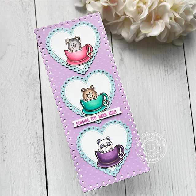 Sunny Studio Stamps: Stitched Heart Dies & Scalloped Heart Dies Card by Gladys Marcelino (featuring Beach Buddies,  Passionate Penguins, Slimline Dies)