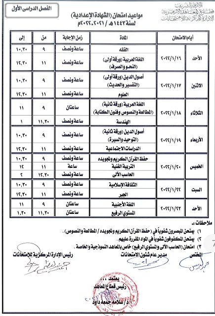 مواعيد امتحانات الشهاده الابتدائية والاعدادية الازهرية