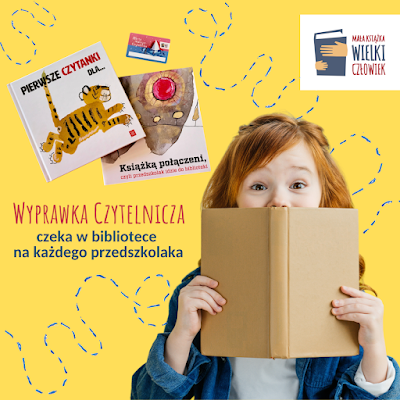 Plakat kampanii Mała Książka Wielki Człowiek żółte tło dziecko z książką napis Wyprawka czytelnicza czeka w bibliotece na każdego przedszkolaka nad napisem okładki książek projektu