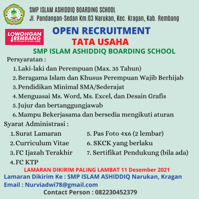 Lowongan Kerja Tata Usaha  SMP Islam Ashiddiq Boarding School Rembang